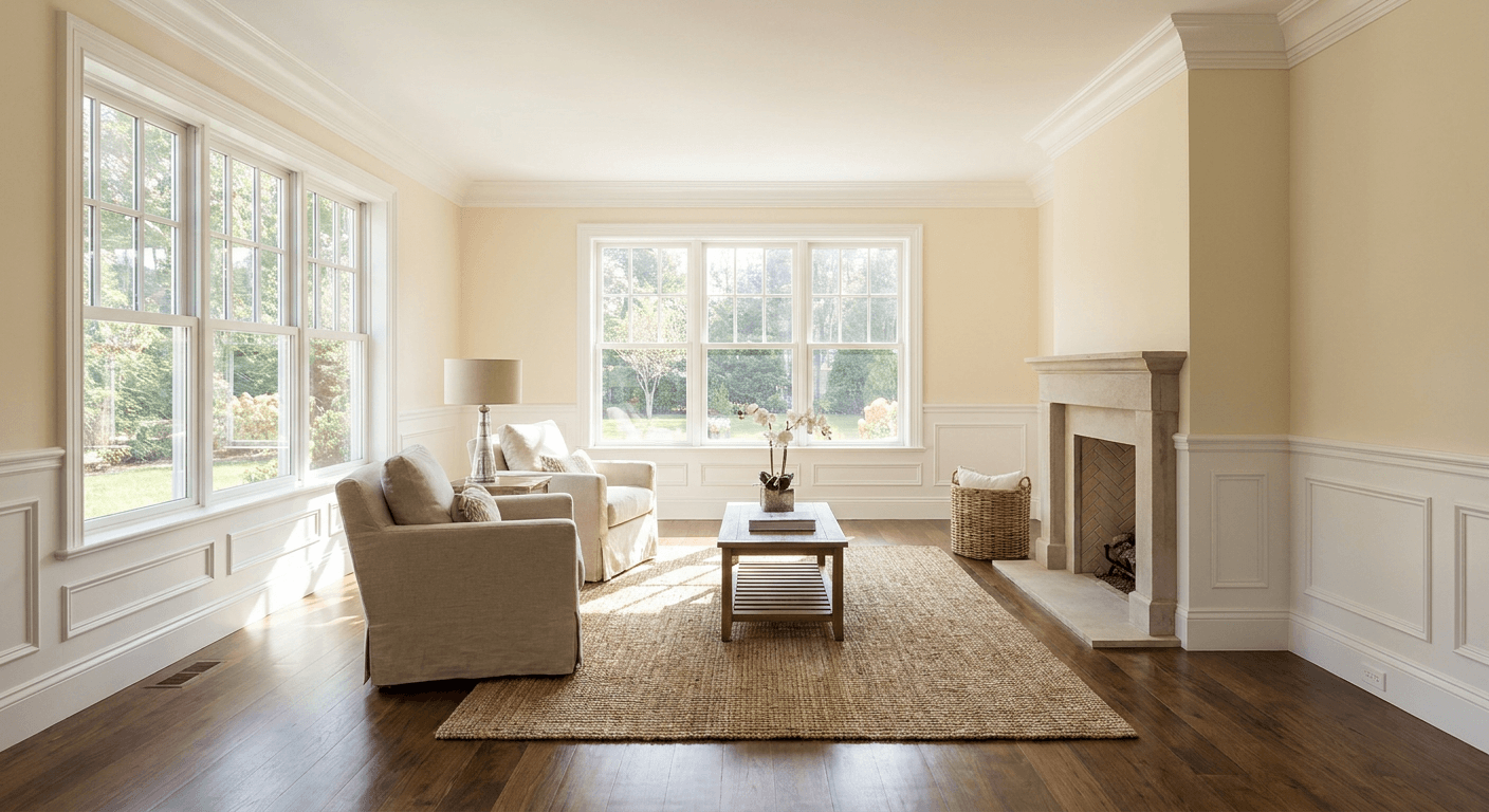 Freshly painted luxury Hamptons interior with natural light, cream walls and elegant trim work
